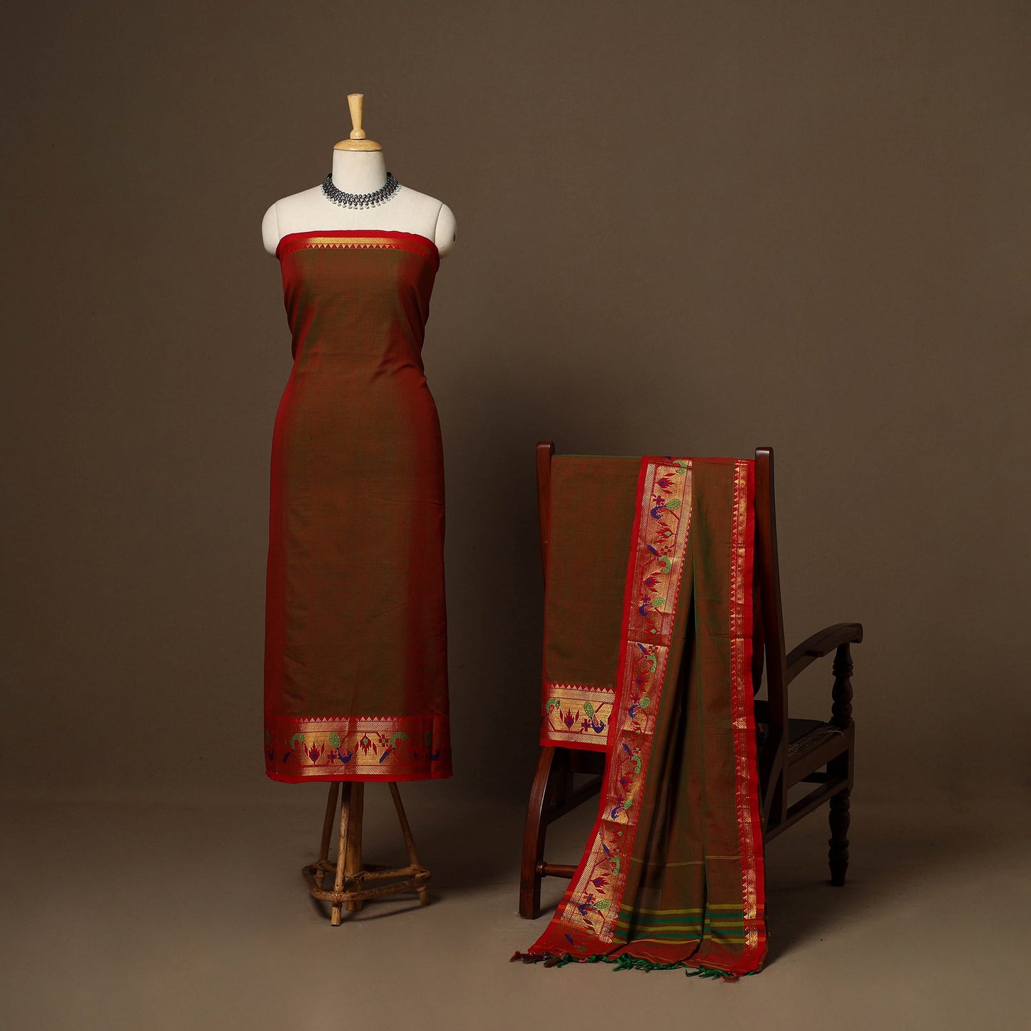 Brown - 3pc cotton unstitched dharwad dress material