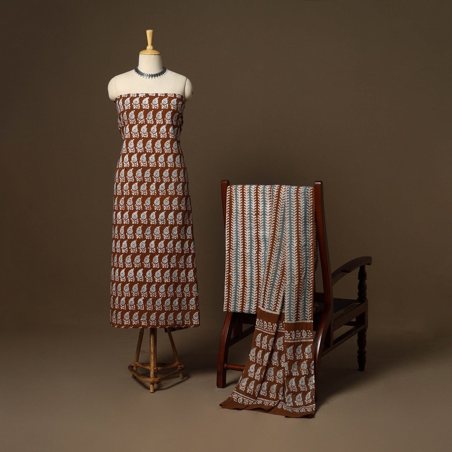 Brown - 3pc cotton unstitched kutch batik dress material 06