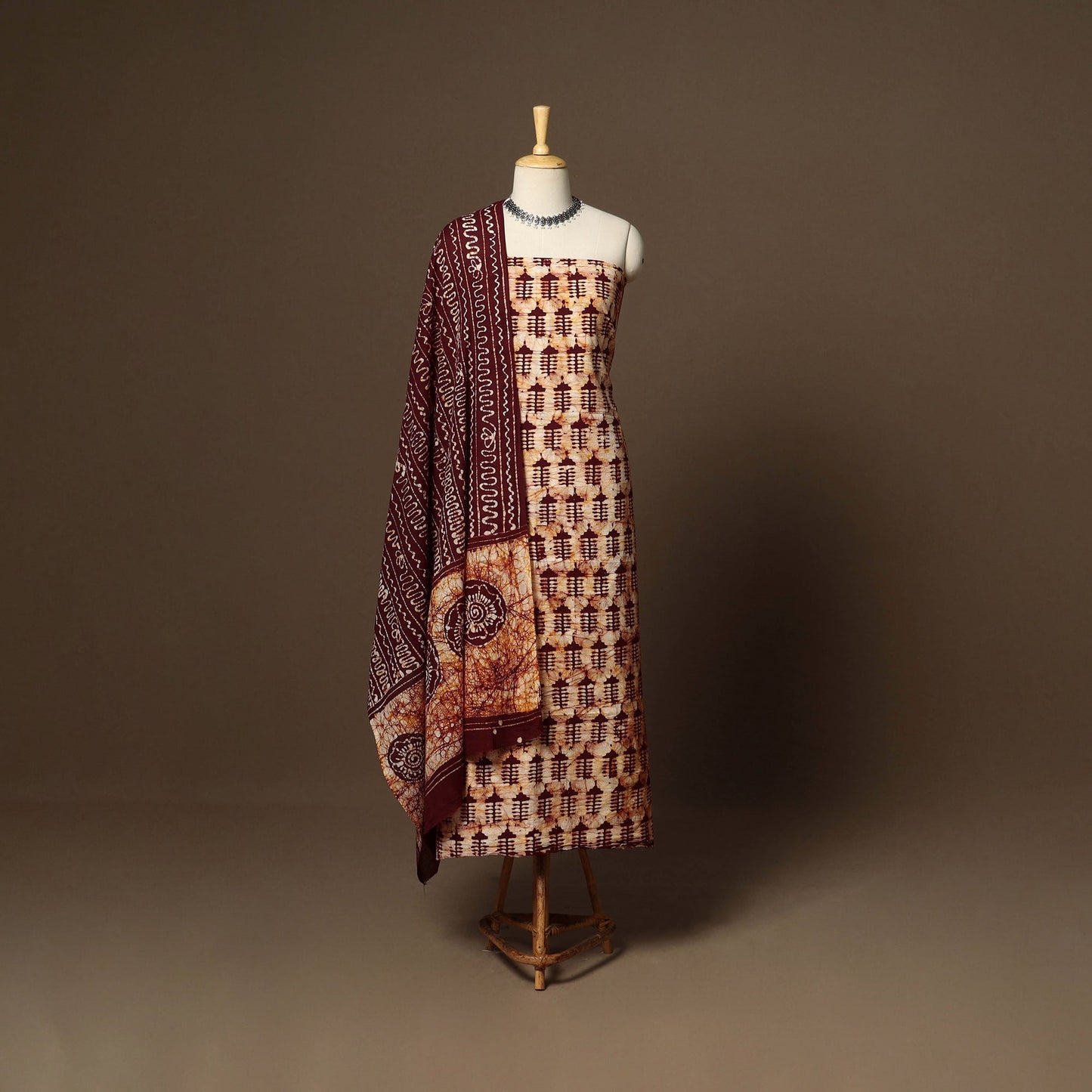 Brown - 3pc cotton unstitched kutch batik dress material 08