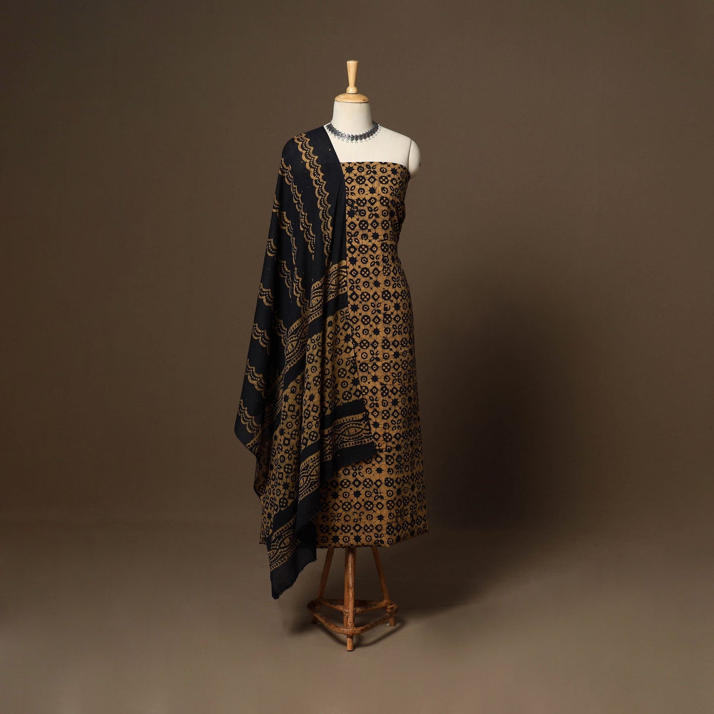 Brown - 3pc cotton unstitched kutch batik dress material 10