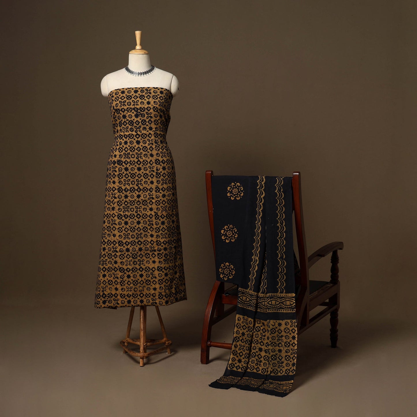 Brown - 3pc cotton unstitched kutch batik dress material 10