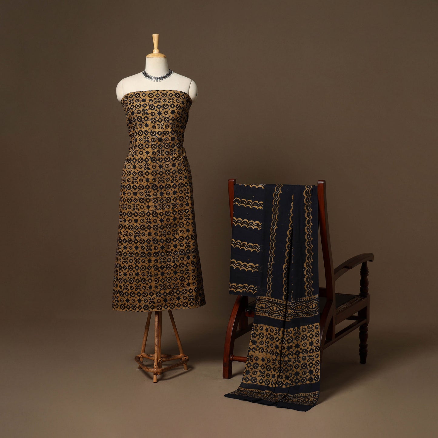 Brown - 3pc cotton unstitched kutch batik dress material 21