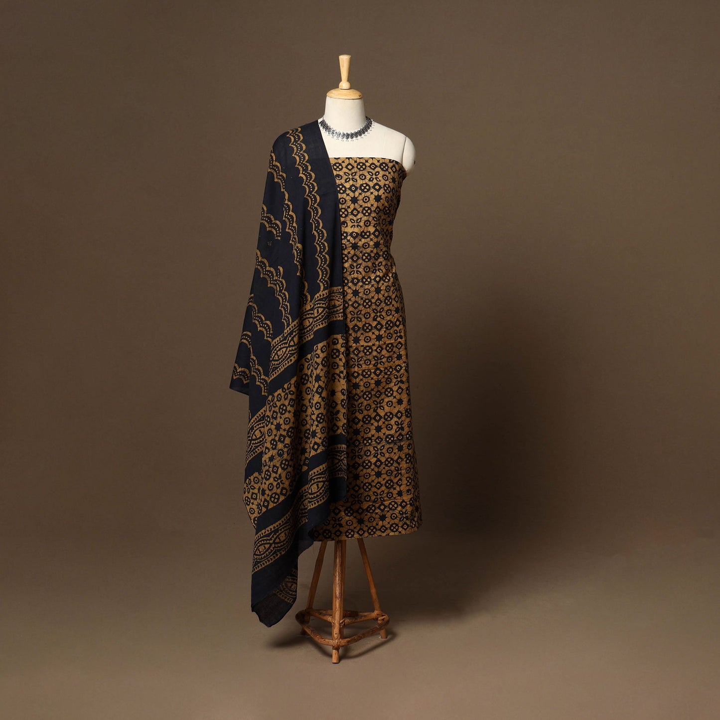 Brown - 3pc cotton unstitched kutch batik dress material 21