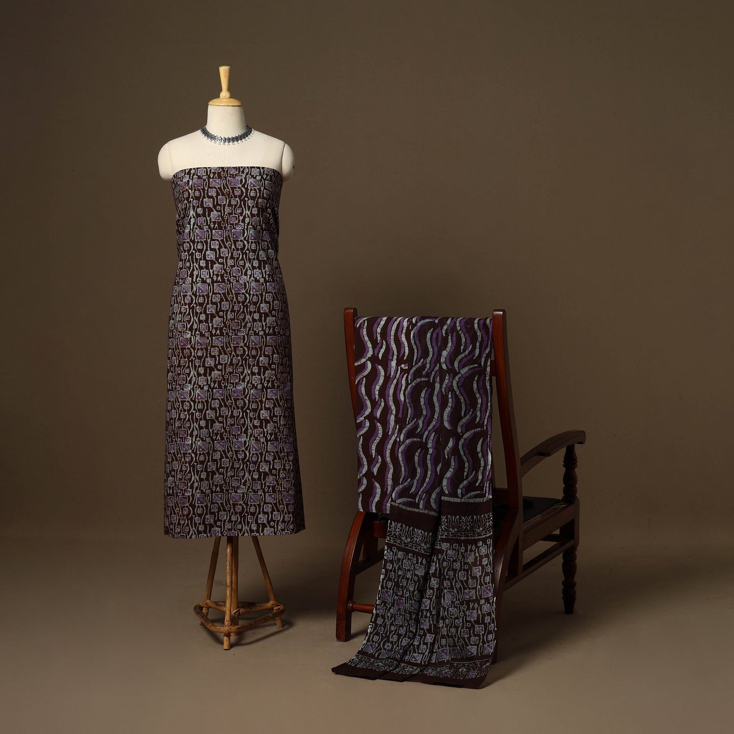 Brown - 3pc cotton unstitched kutch batik dress material 44