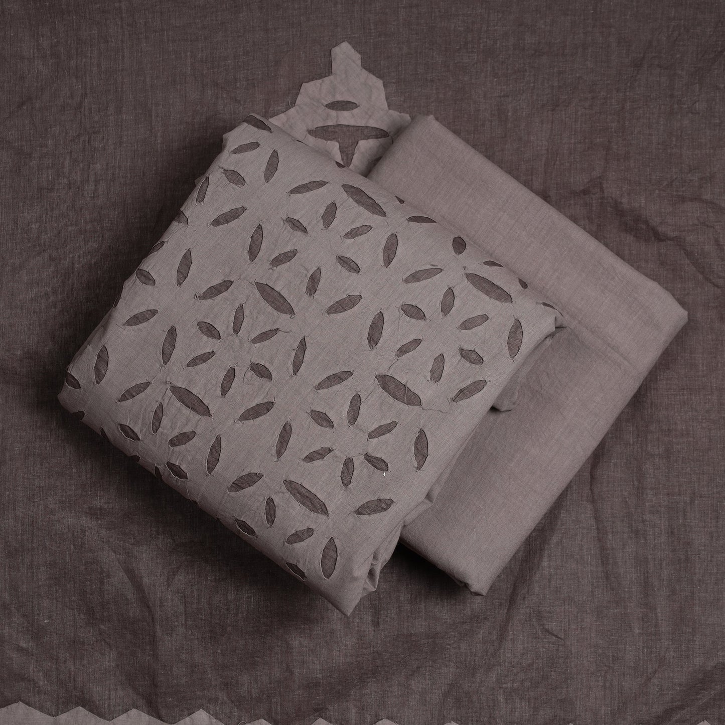  Brown 3pc Cut Work Cotton Barmer Applique Dress Material