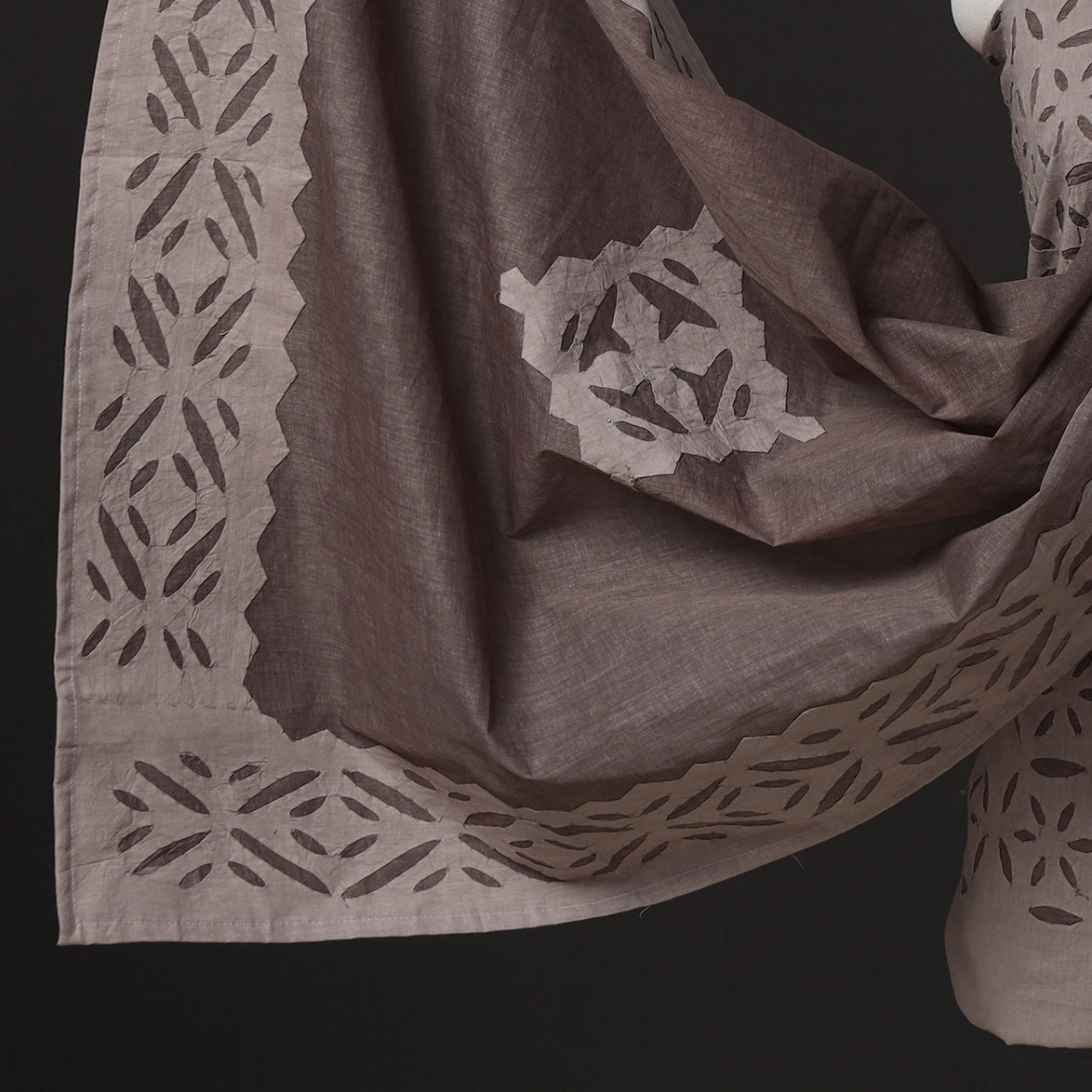  Brown 3pc Cut Work Cotton Barmer Applique Dress Material