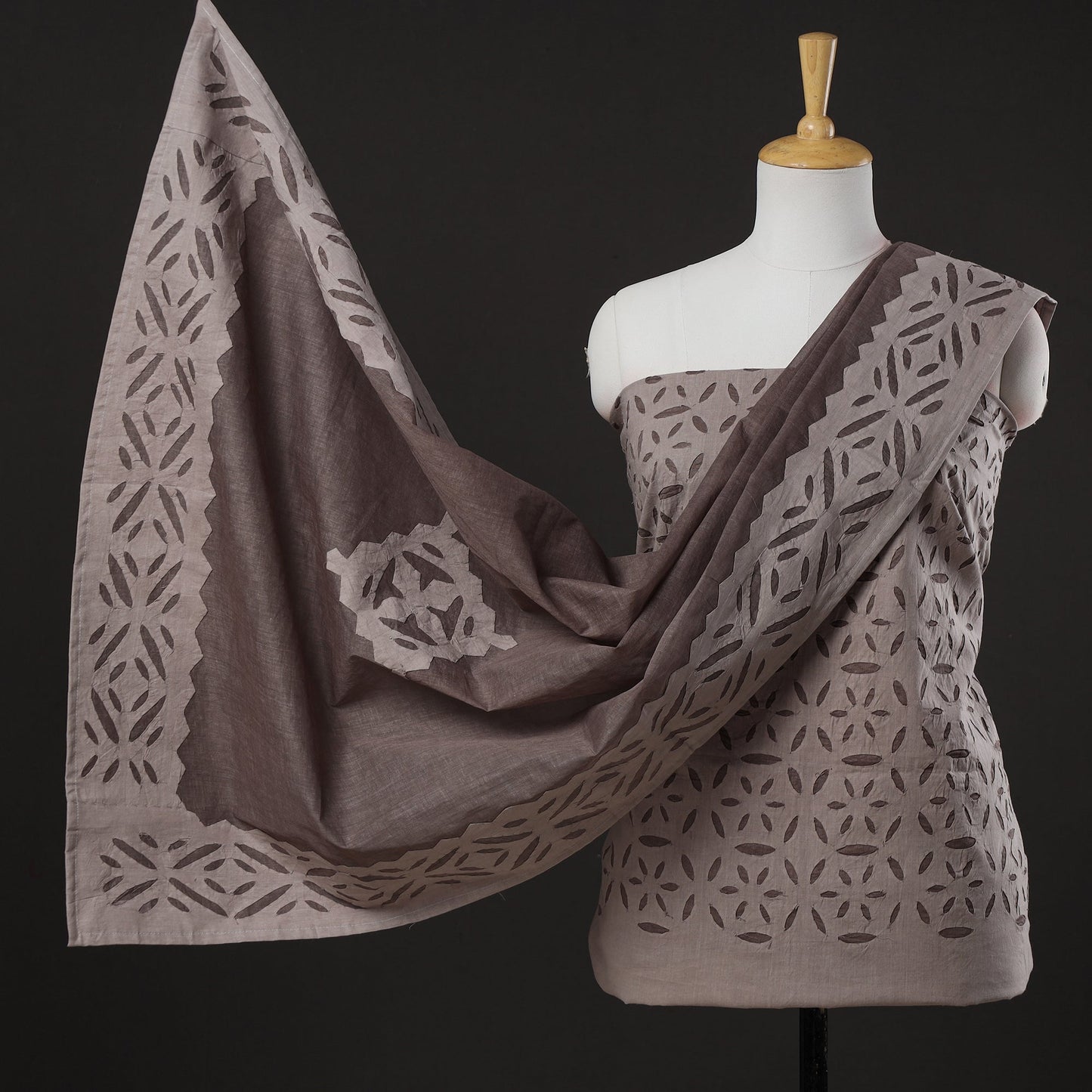  Brown 3pc Cut Work Cotton Barmer Applique Dress Material