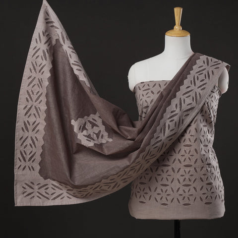  Brown 3pc Cut Work Cotton Barmer Applique Dress Material