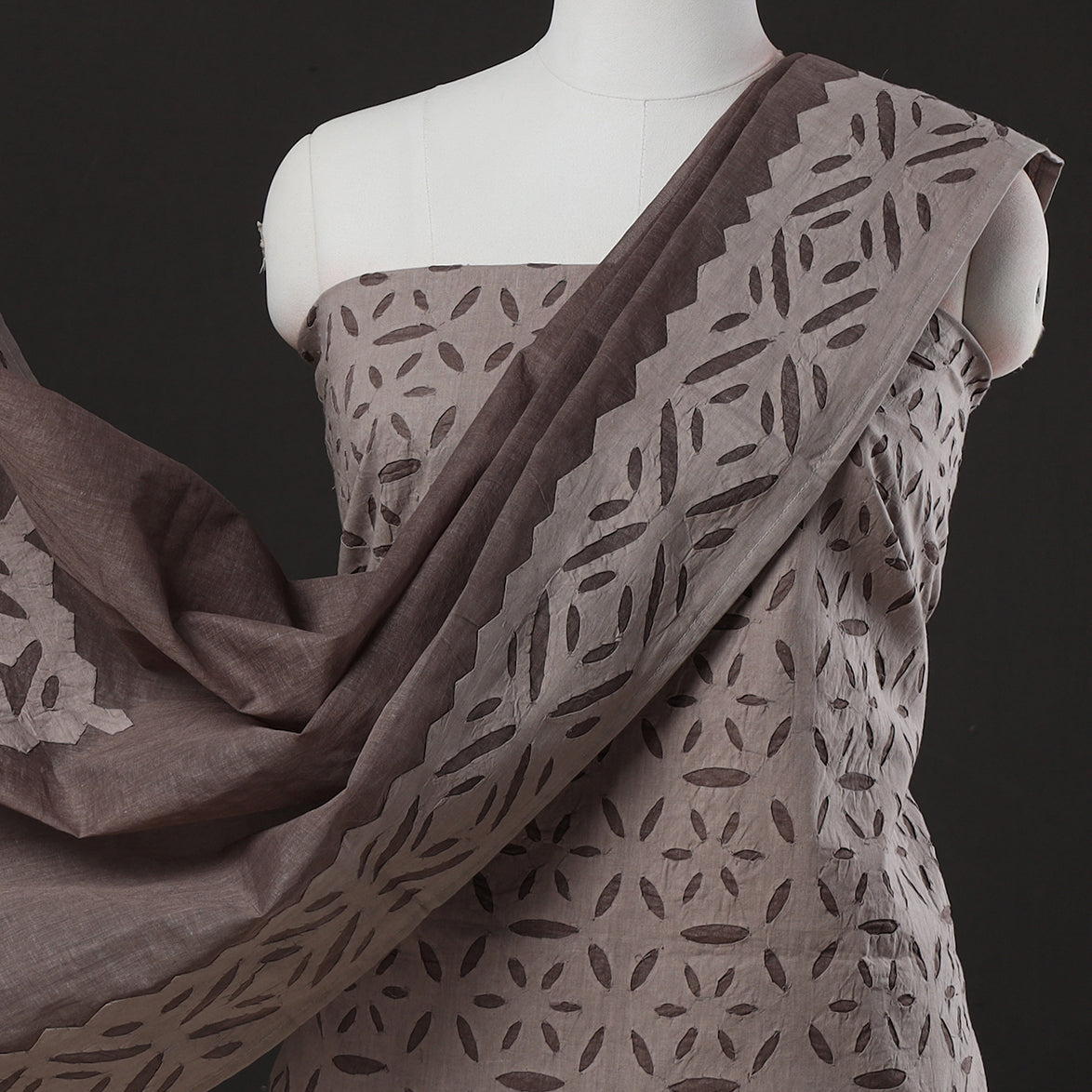  Brown 3pc Cut Work Cotton Barmer Applique Dress Material