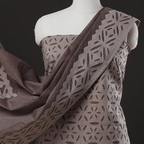  Brown 3pc Cut Work Cotton Barmer Applique Dress Material