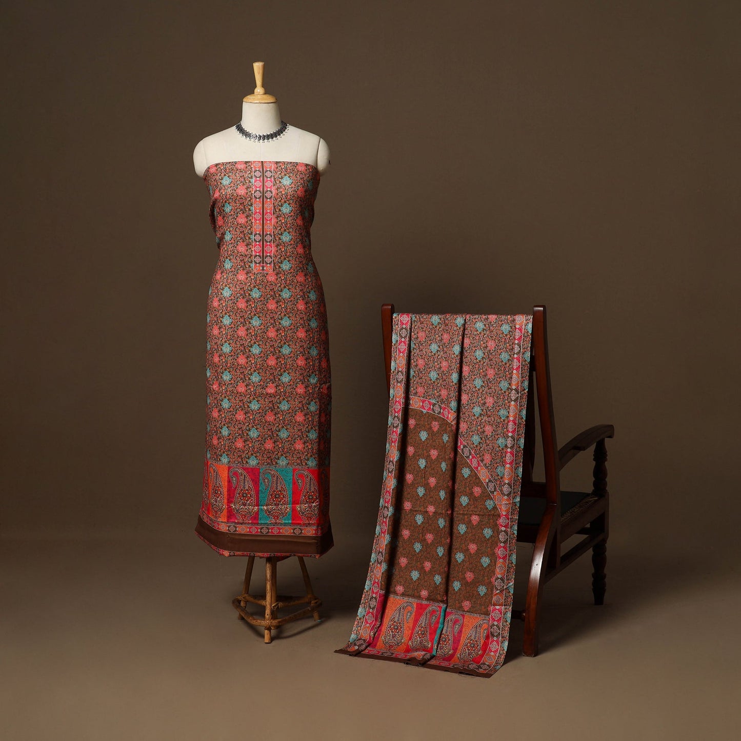 Brown - 3pc digital merino wool unstitched dress material