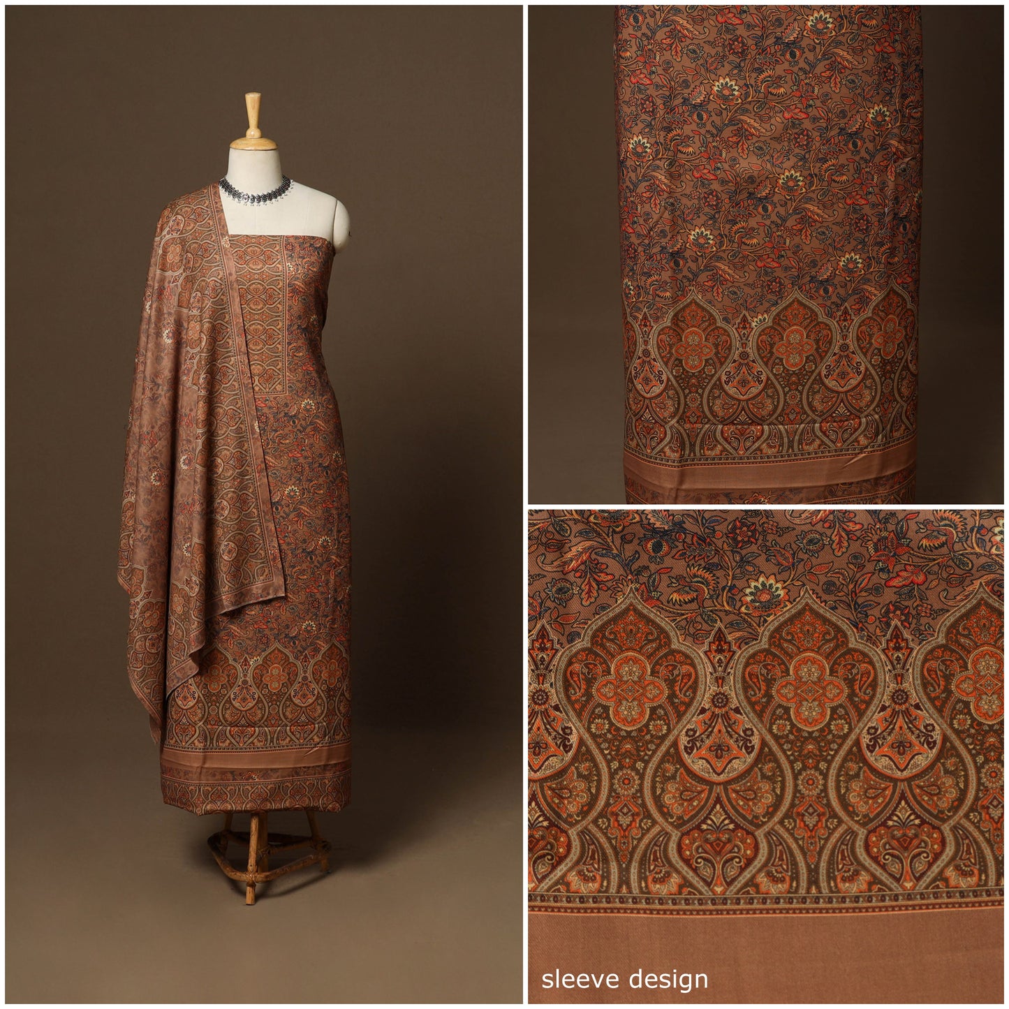 Brown - 3pc digital merino wool unstitched dress material