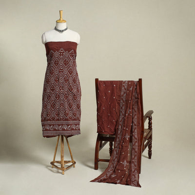 Brown 3pc Embroidered Unstitched Kutch Bandhani Dress Material