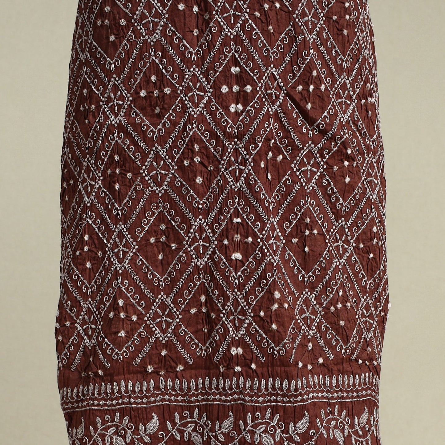 Brown 3pc Embroidered Unstitched Kutch Bandhani Dress Material