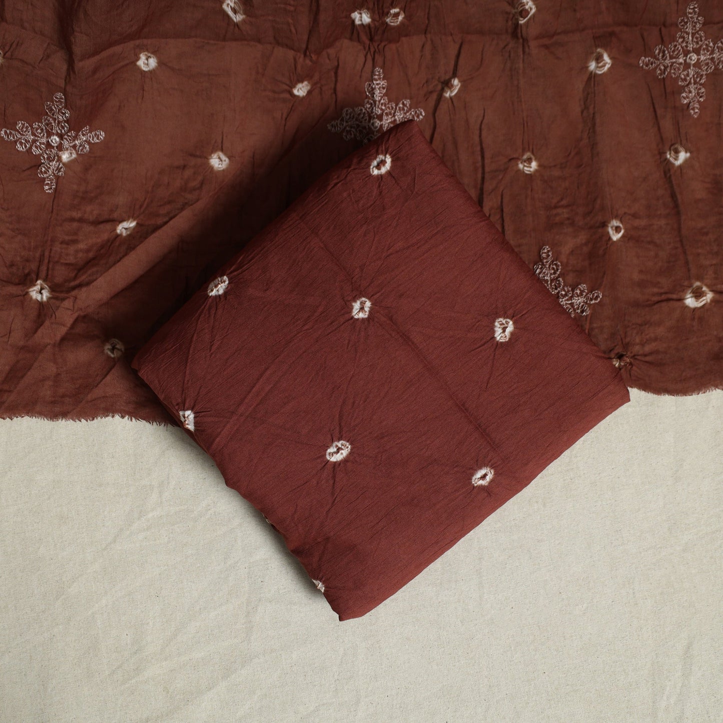 Brown 3pc Embroidered Unstitched Kutch Bandhani Dress Material