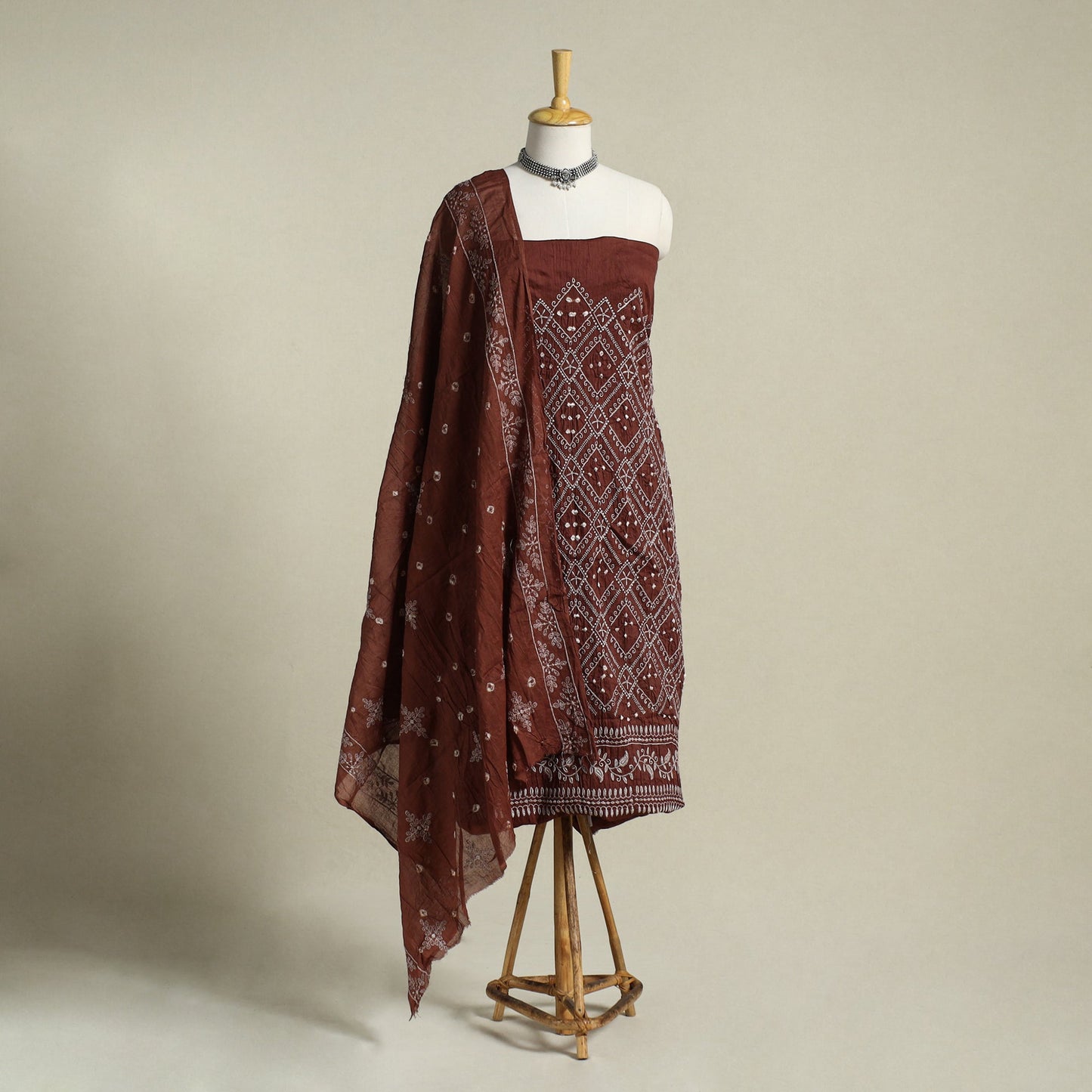 Brown 3pc Embroidered Unstitched Kutch Bandhani Dress Material