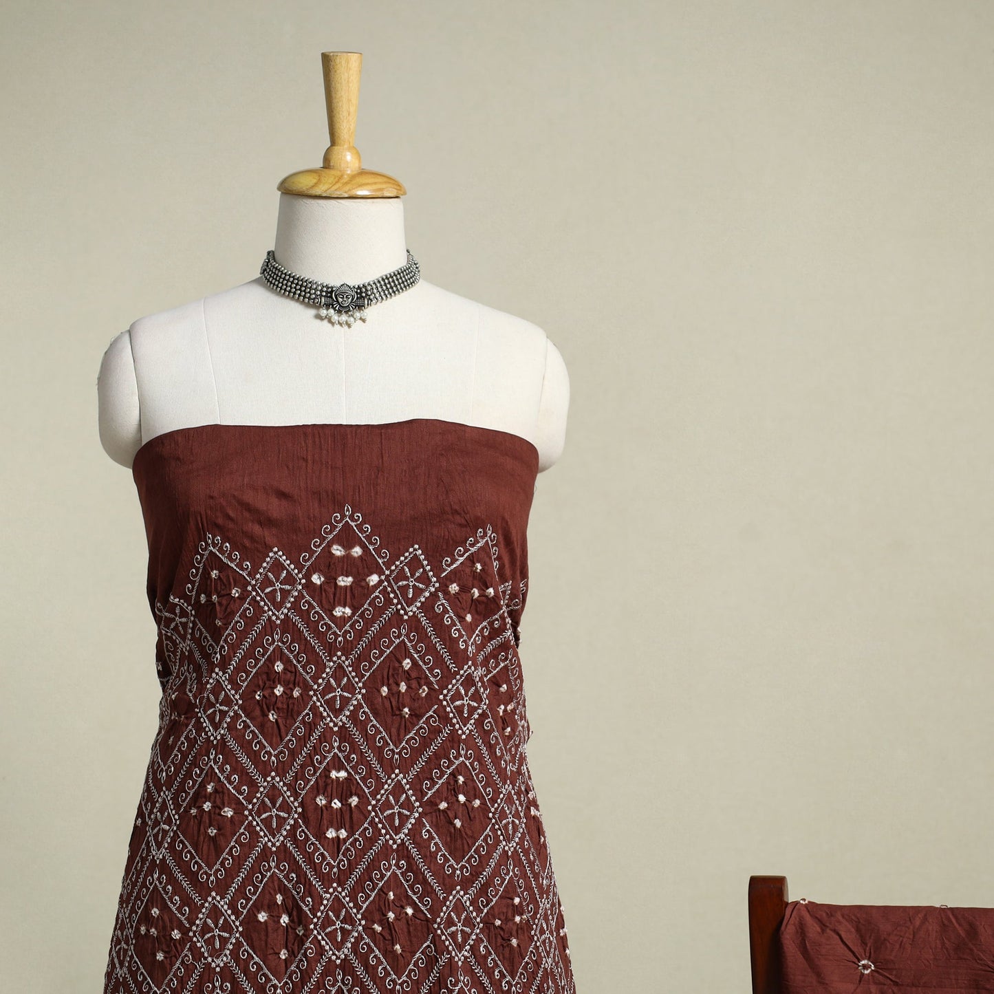 Brown 3pc Embroidered Unstitched Kutch Bandhani Dress Material
