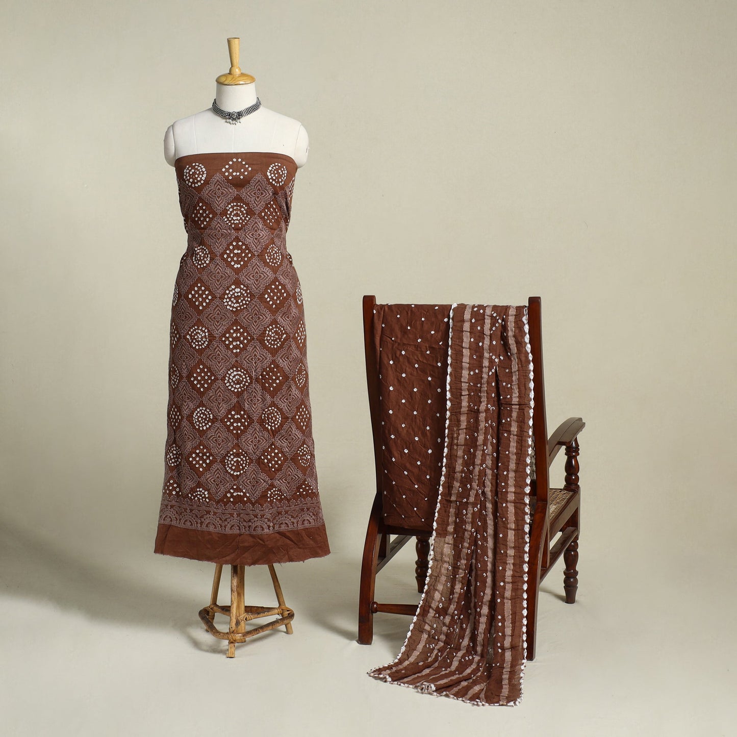Brown - 3pc embroidered unstitched kutch bandhani dress