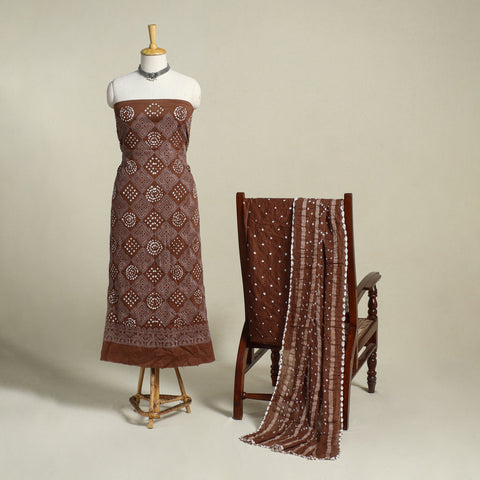Brown - 3pc embroidered unstitched kutch bandhani dress