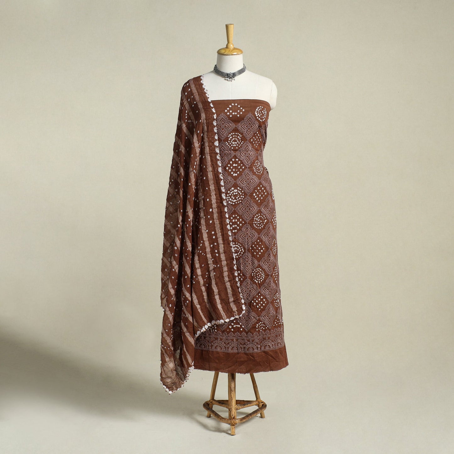 Brown - 3pc embroidered unstitched kutch bandhani dress