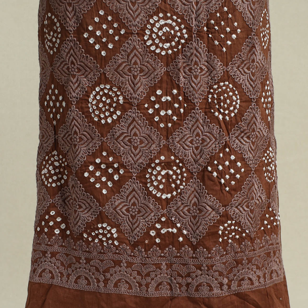 Brown - 3pc embroidered unstitched kutch bandhani dress