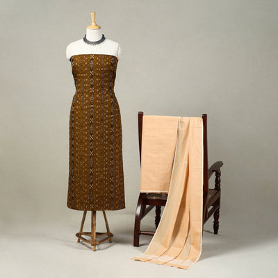 Brown 3pc Handloom Cotton Sambalpuri Ikat Dress Material