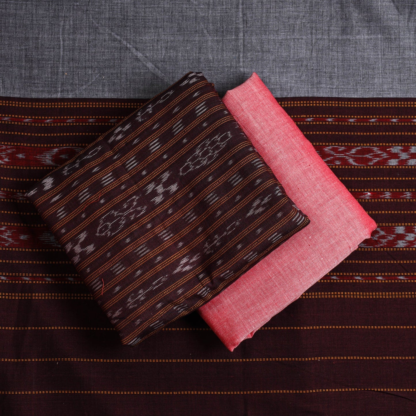  3pc Brown Handloom Cotton Sambalpuri Ikat Dress Material 