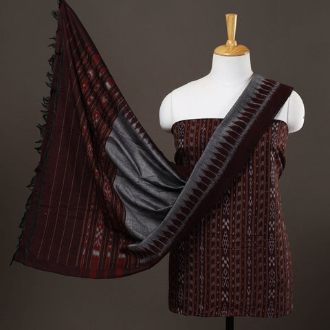  3pc Brown Handloom Cotton Sambalpuri Ikat Dress Material 