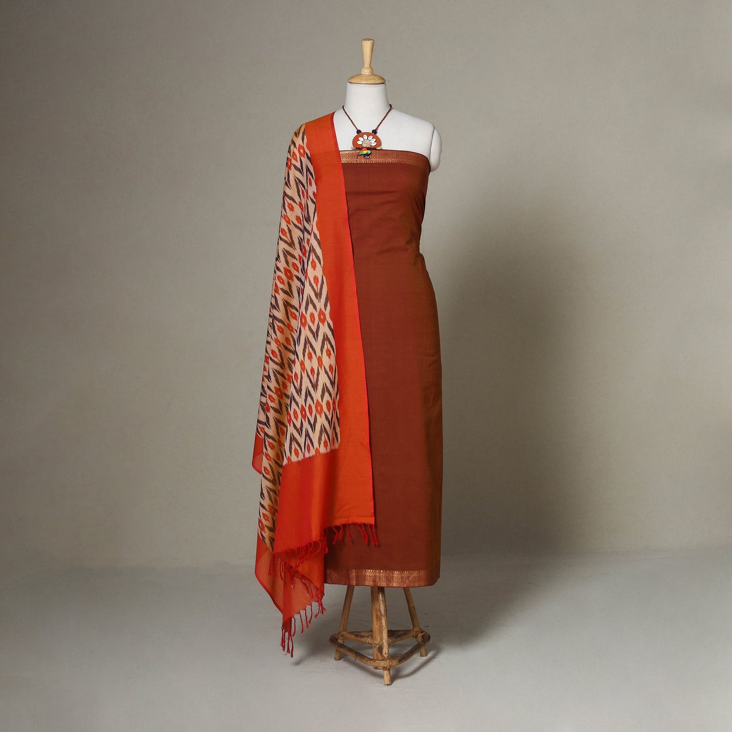 Brown - 3pc unstitched mangalagiri dress material