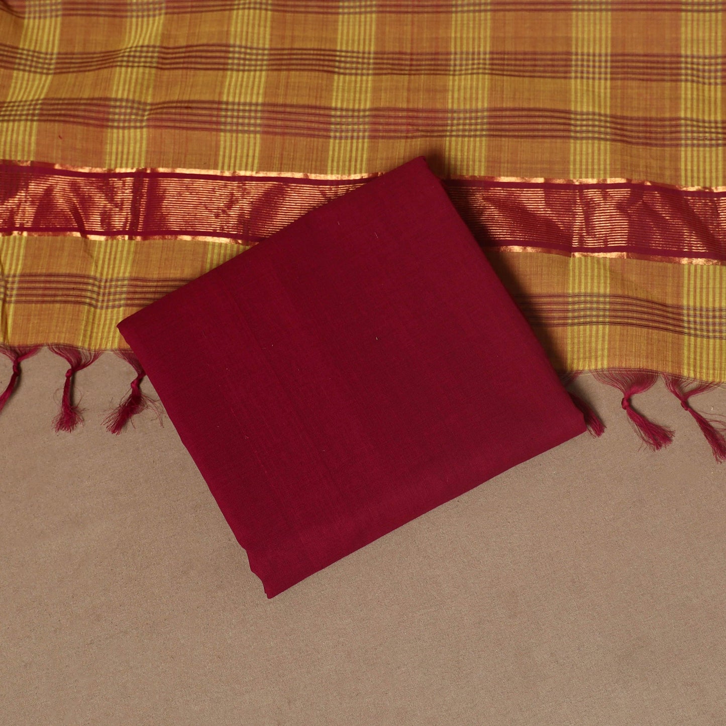 Brown - 3pc handloom cotton unstitched mangalagiri dress