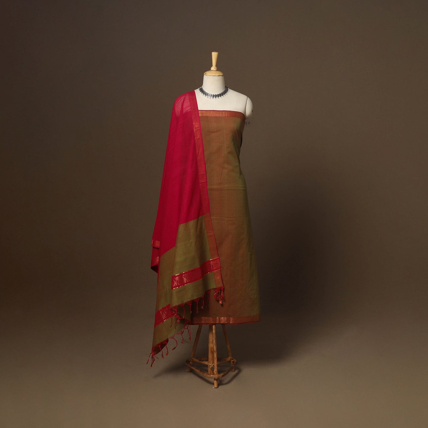 Brown - 3pc handloom cotton unstitched mangalagiri dress