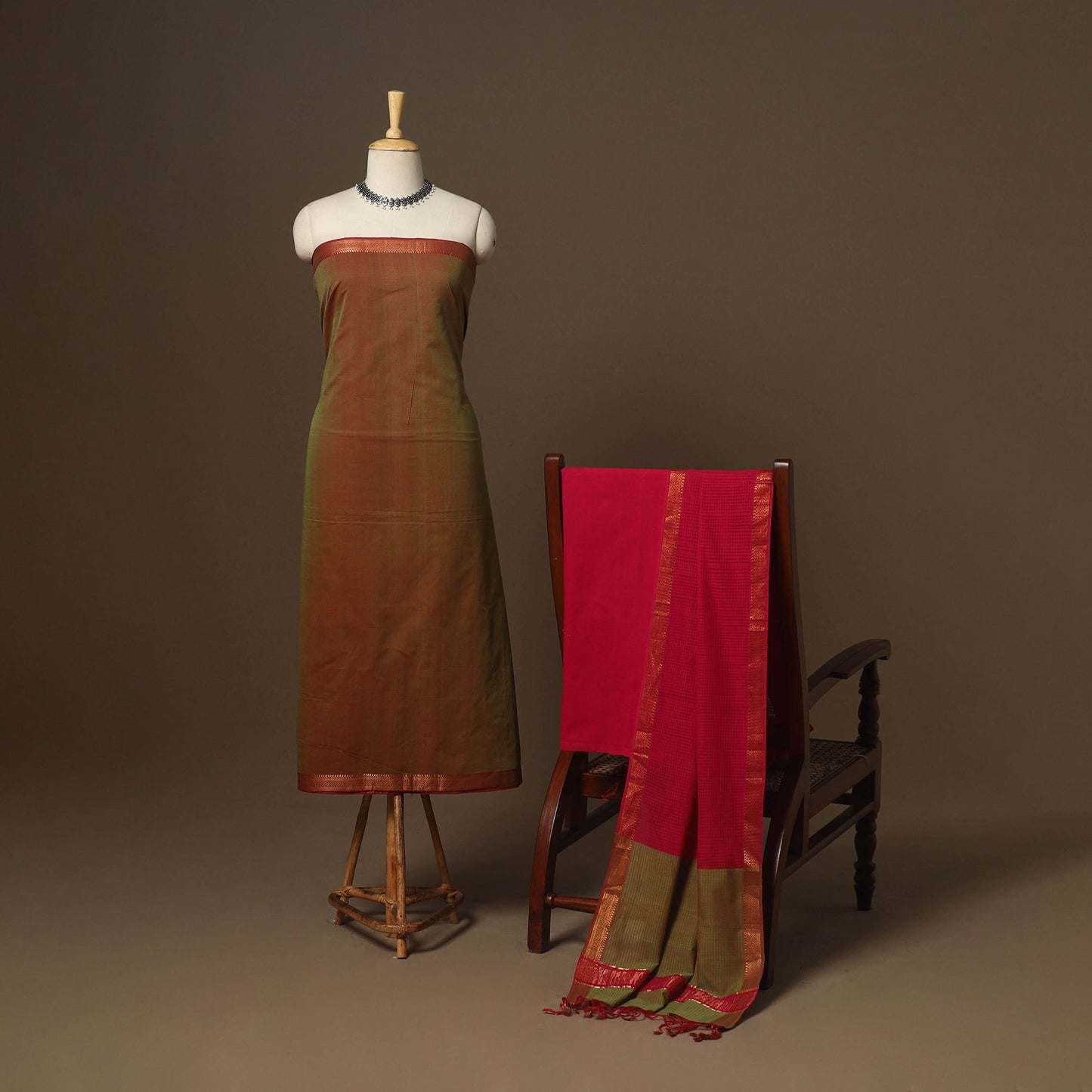 Brown - 3pc handloom cotton unstitched mangalagiri dress