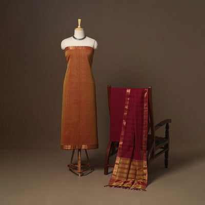 Brown - 3pc handloom cotton unstitched mangalagiri dress