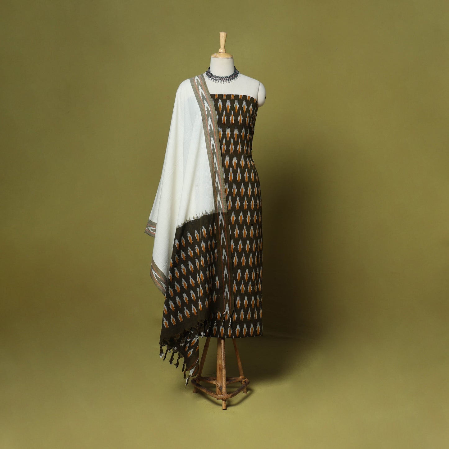 Brown - 3pc handloom cotton unstitched pochampally ikat