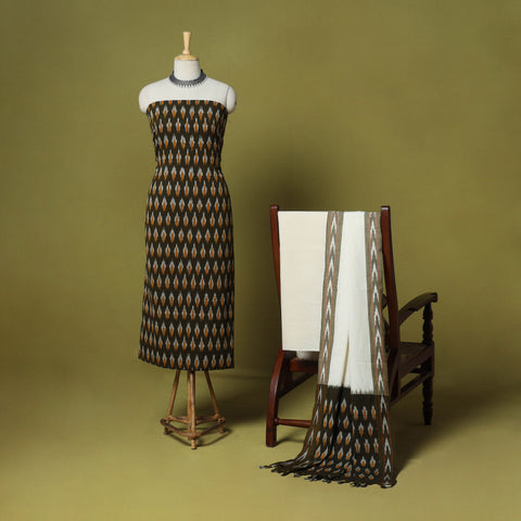 Brown - 3pc handloom cotton unstitched pochampally ikat