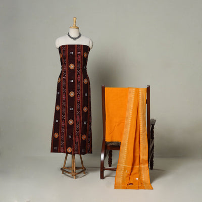 Brown - 3pc handloom cotton unstitched sambalpuri dress