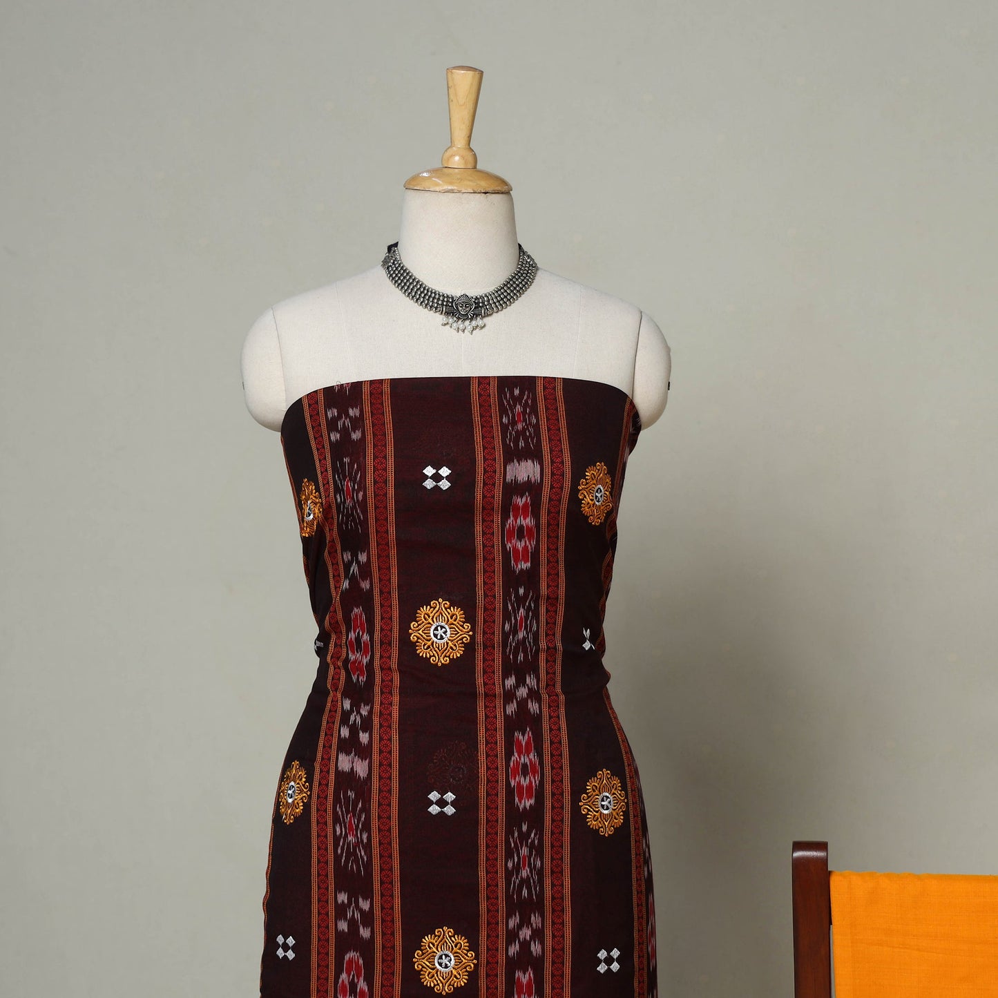 Brown - 3pc handloom cotton unstitched sambalpuri dress