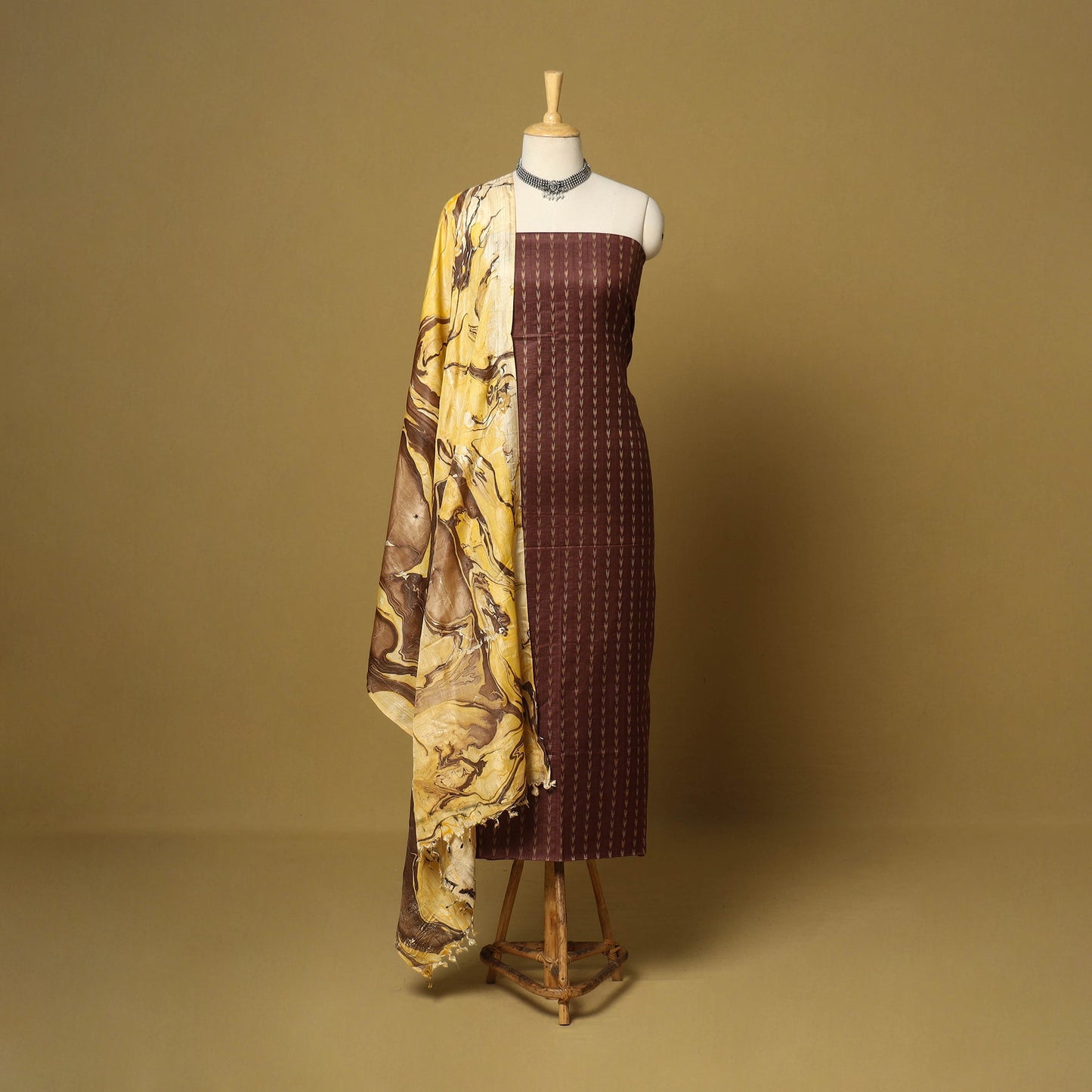 Brown - 3pc handloom mulberry unstitched suit material set