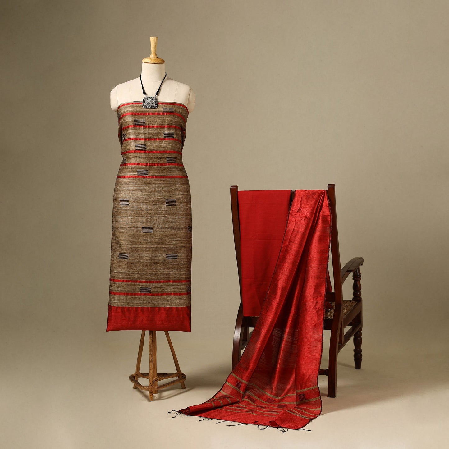 Brown - 3pc handloom tussar silk bhagalpuri unstitched