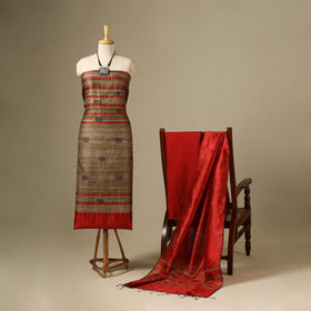Brown - 3pc handloom tussar silk bhagalpuri unstitched