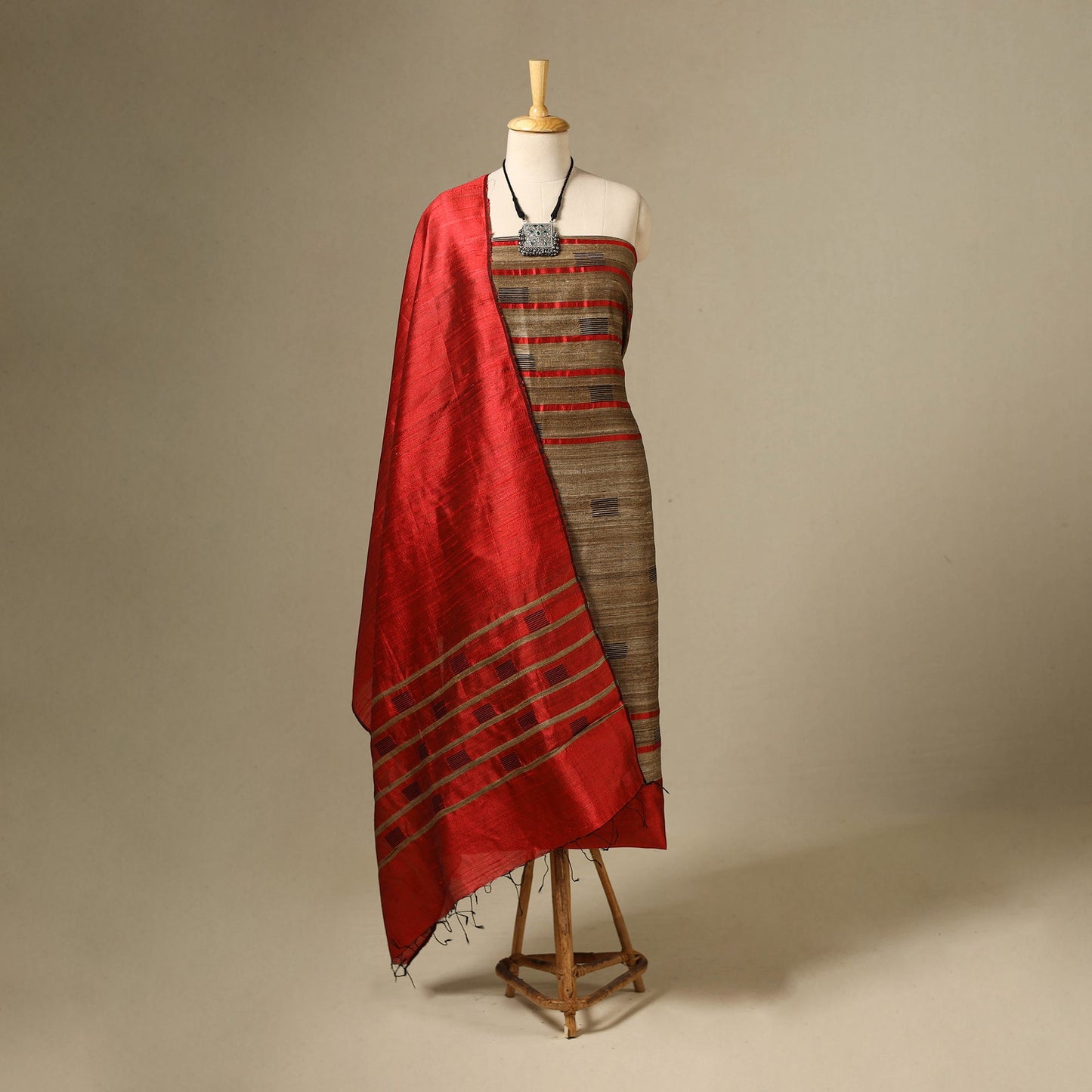 Brown - 3pc handloom tussar silk bhagalpuri unstitched