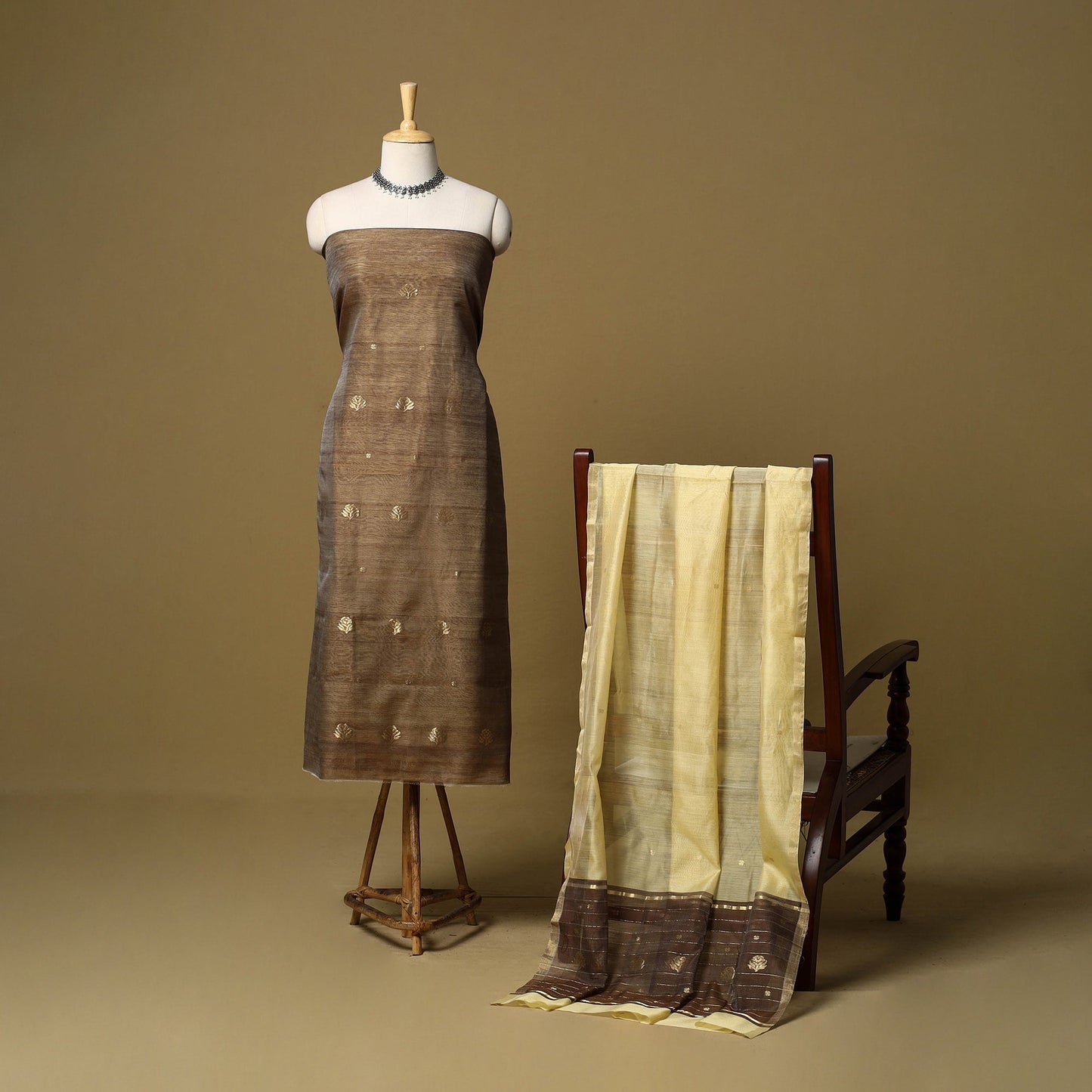 Brown - 3pc handloom zari buta unstitched chanderi silk
