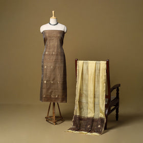 Brown - 3pc handloom zari buta unstitched chanderi silk