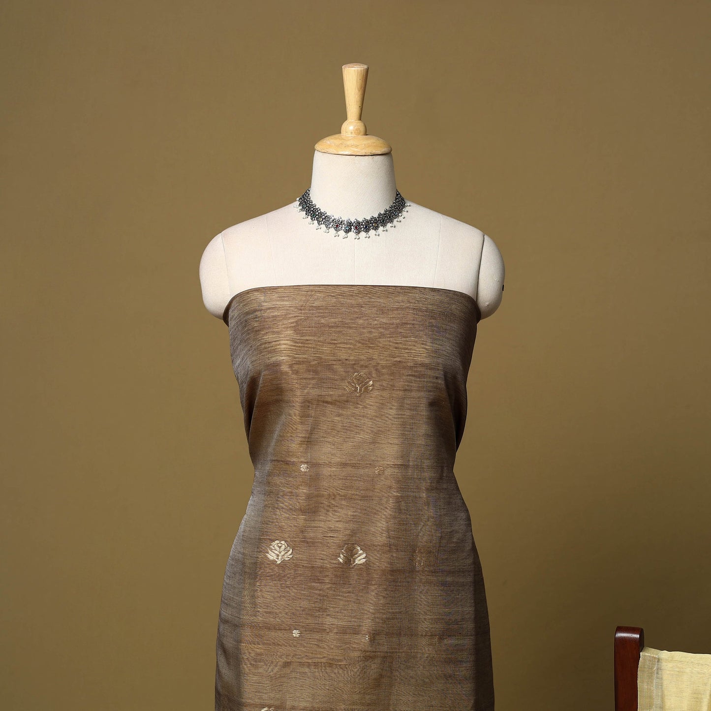 Brown - 3pc handloom zari buta unstitched chanderi silk