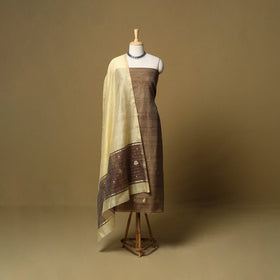 Brown - 3pc handloom zari buta unstitched chanderi silk