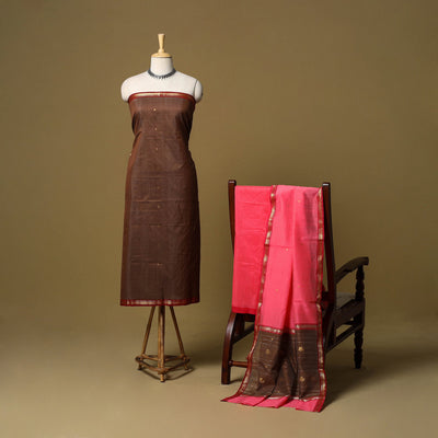 Brown - 3pc handloom zari buti unstitched chanderi silk