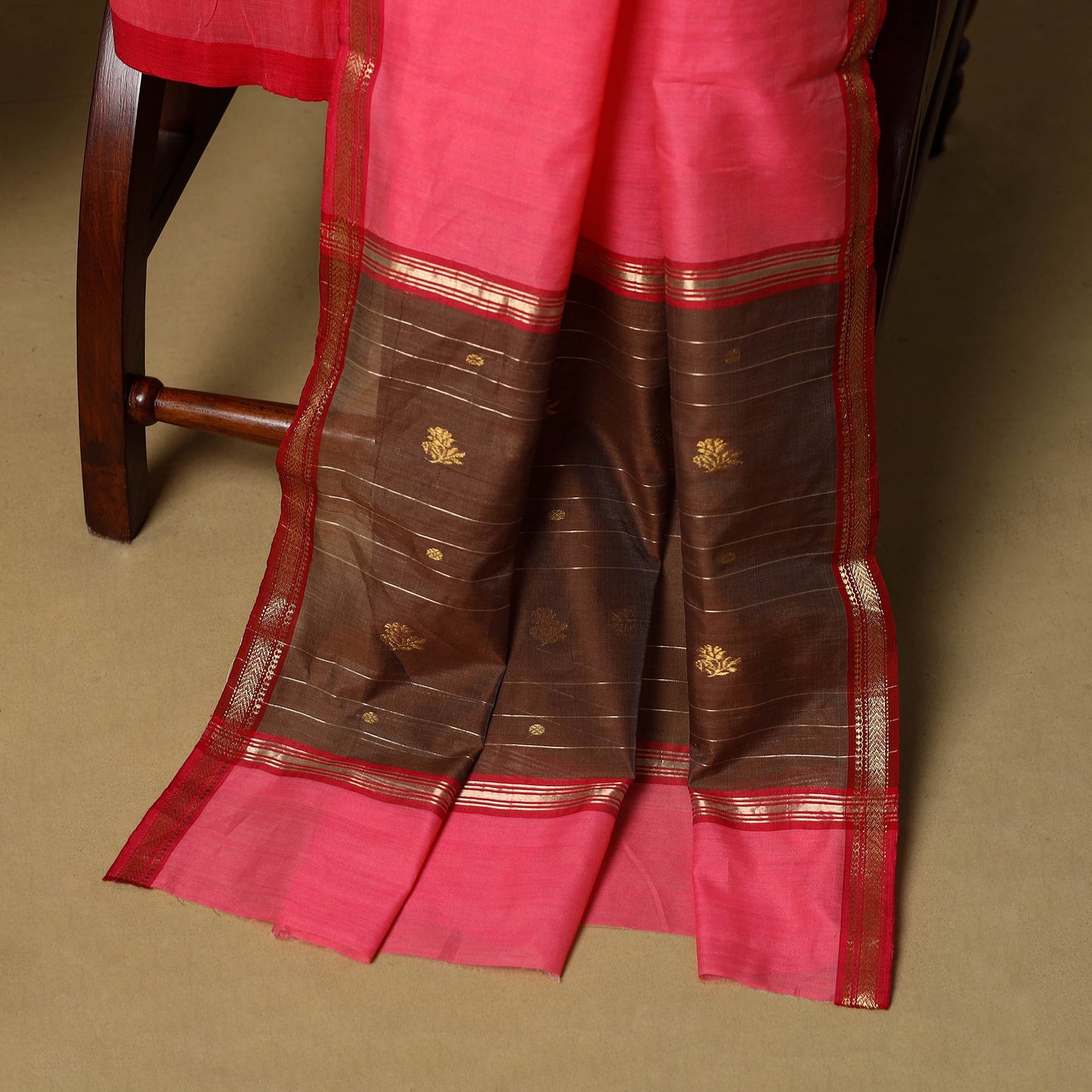 Brown - 3pc handloom zari buti unstitched chanderi silk