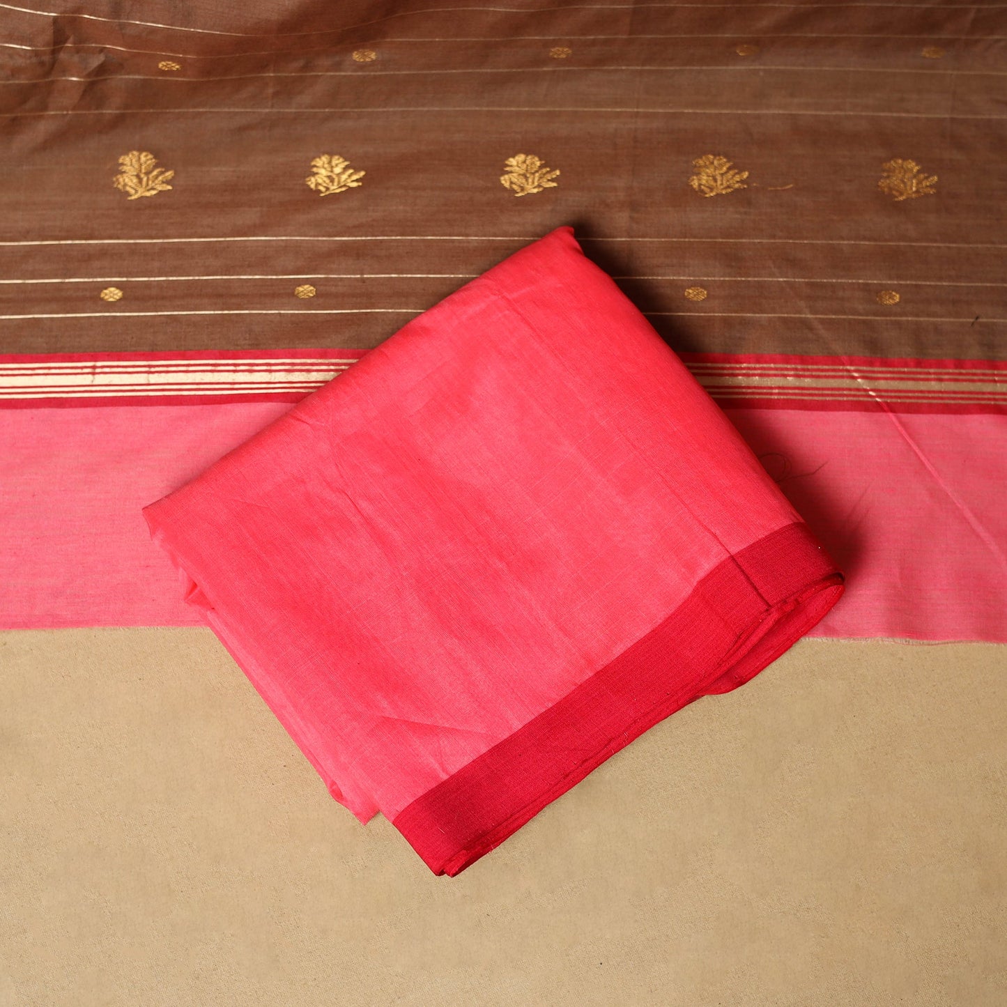 Brown - 3pc handloom zari buti unstitched chanderi silk
