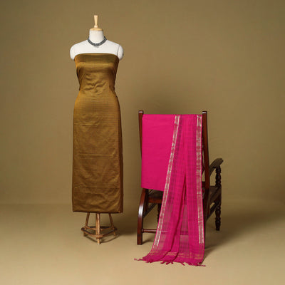 Brown - 3pc karnataka weave cotton unstitched khun dress