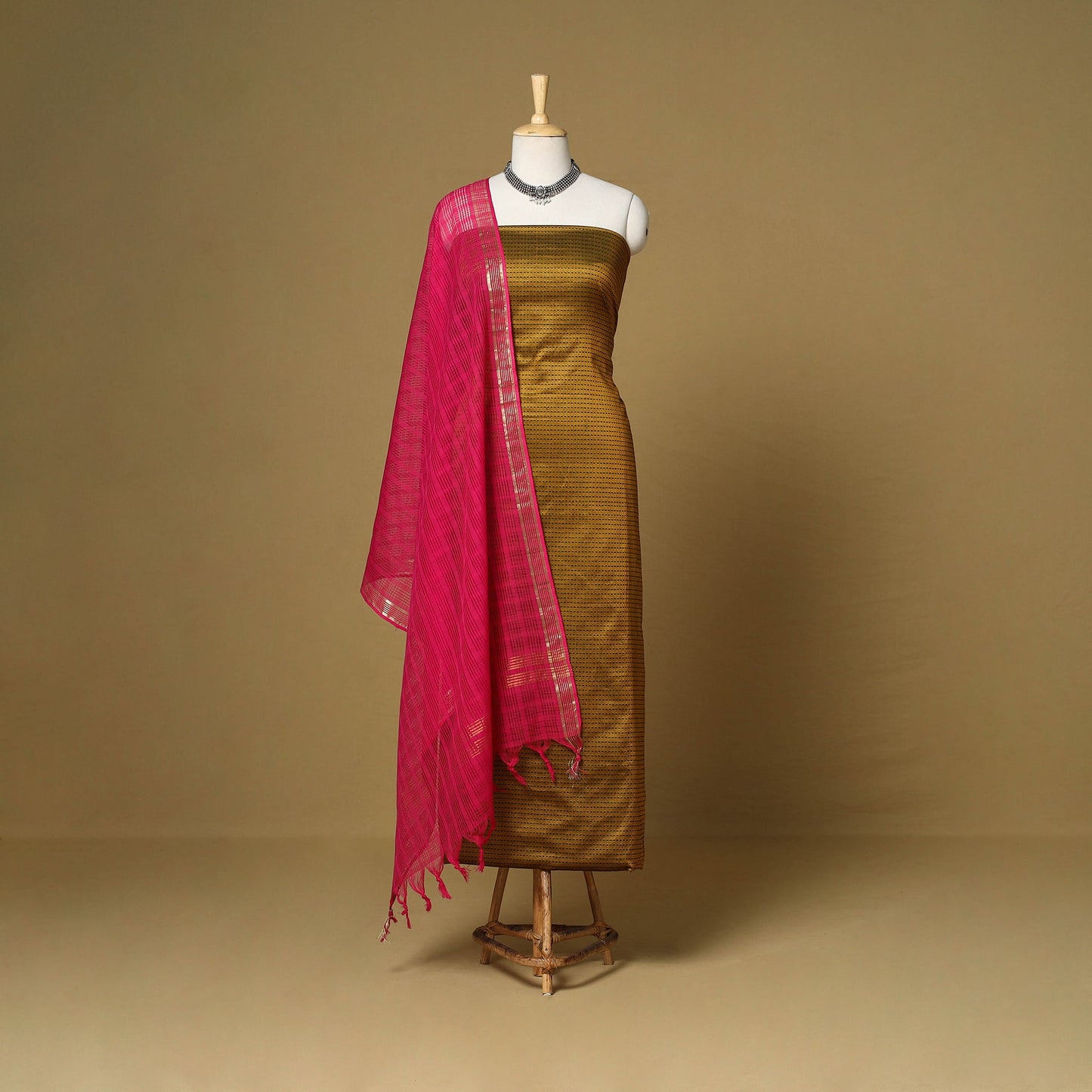 Brown - 3pc karnataka weave cotton unstitched khun dress